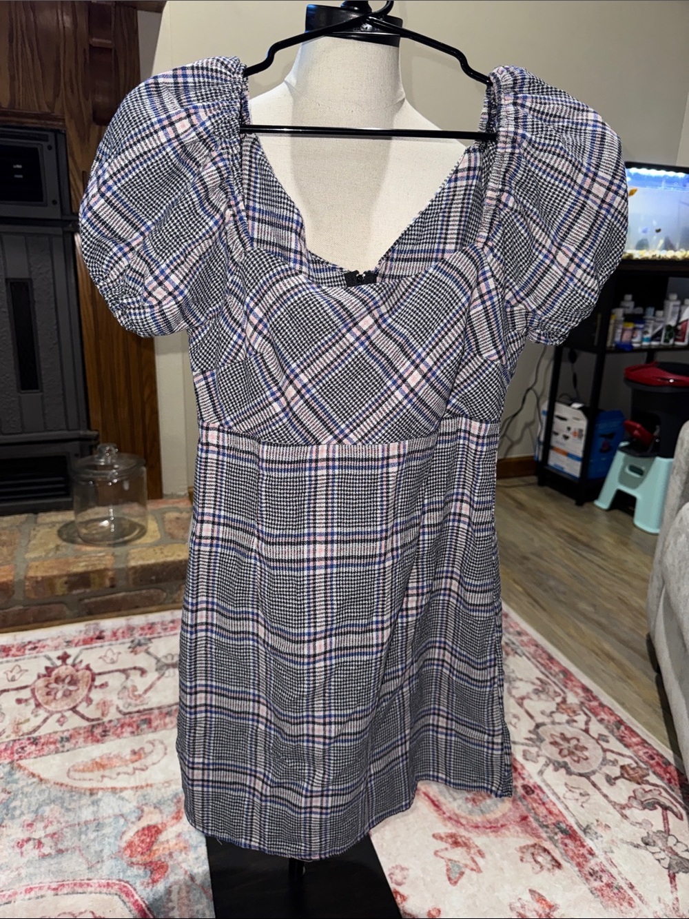 Altar'd State Black and Pink Plaid Puff-Sleeve Mini Dress